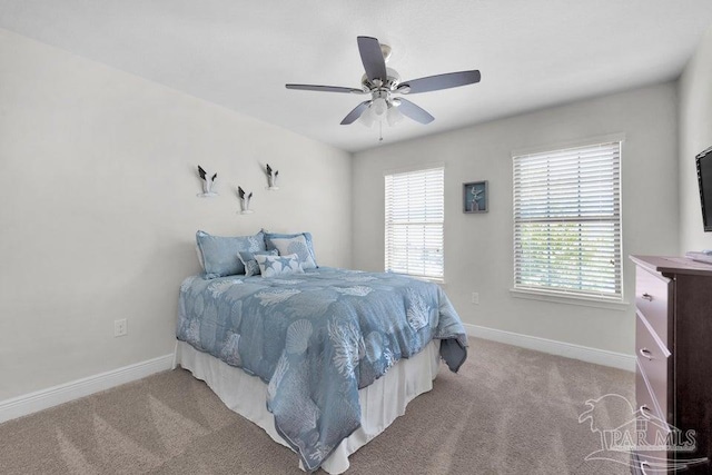 bedroom with light carpet, baseboards, and multiple windows