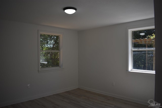 empty room with a wealth of natural light, wood finished floors, and baseboards