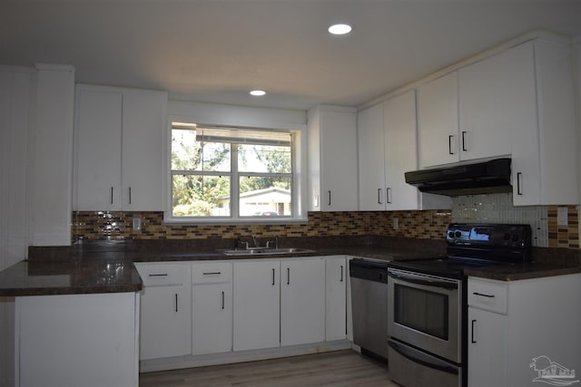 kitchen featuring under cabinet range hood, appliances with stainless steel finishes, dark countertops, backsplash, and a sink