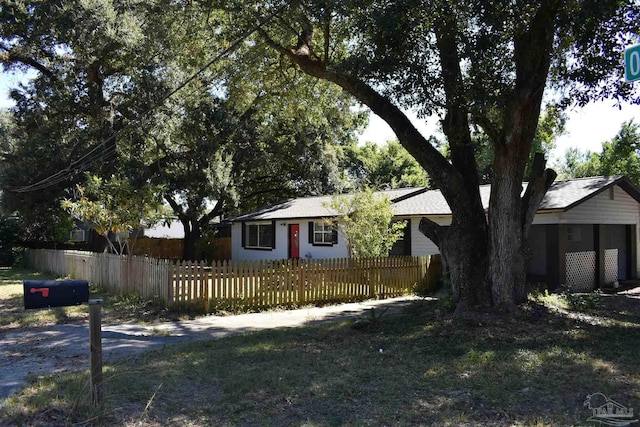 single story home featuring a fenced front yard
