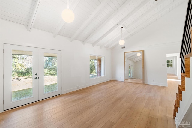 unfurnished living room featuring french doors, high vaulted ceiling, light hardwood / wood-style flooring, and beamed ceiling