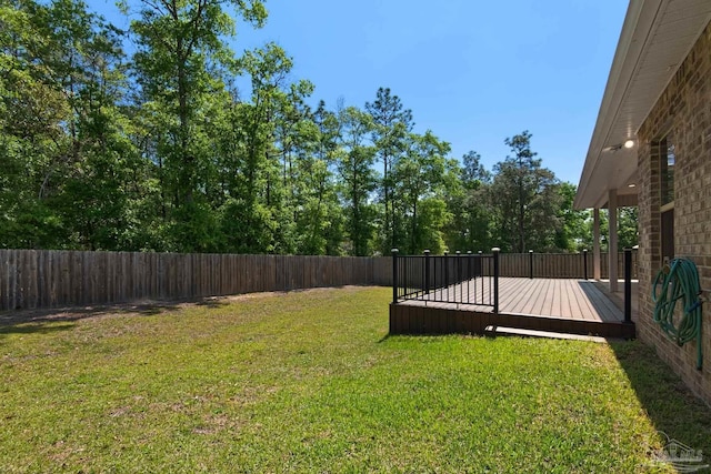 view of yard featuring a fenced backyard and a wooden deck
