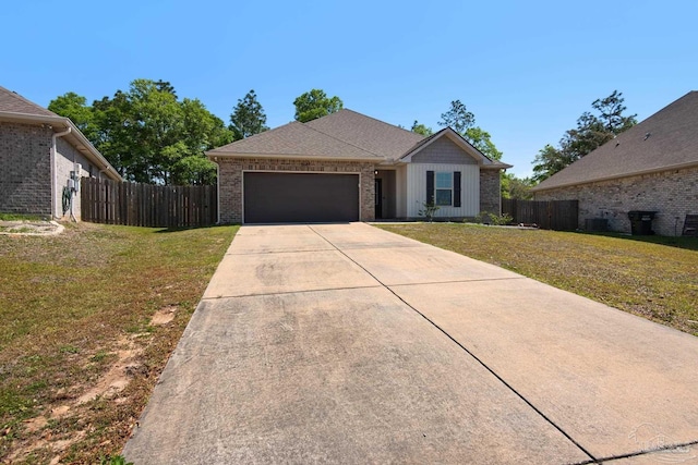 ranch-style home featuring an attached garage, a front lawn, concrete driveway, and fence