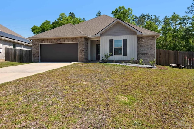 single story home featuring fence, concrete driveway, a front lawn, and a garage