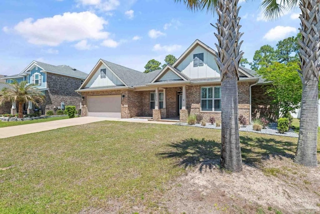 12789 Island Spirit Dr, Pensacola, FL 32506 - view of front facade with a garage, concrete driveway, board and batten siding, a front yard, and brick siding