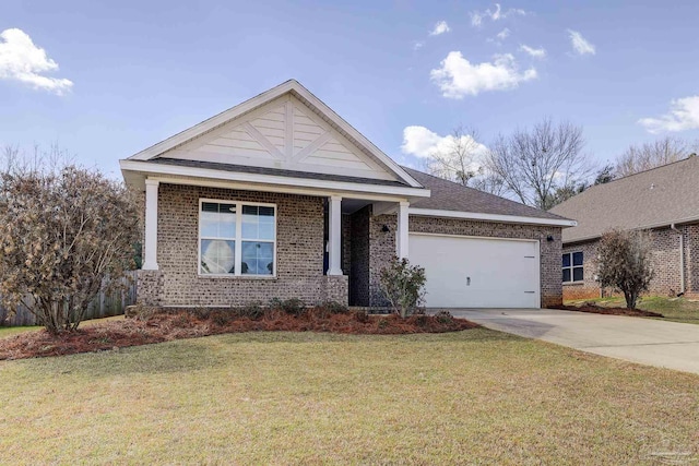 view of front of property with a garage, brick siding, concrete driveway, roof with shingles, and a front yard