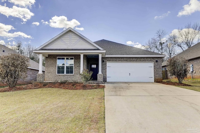 view of front of house featuring driveway, roof with shingles, an attached garage, a front lawn, and brick siding