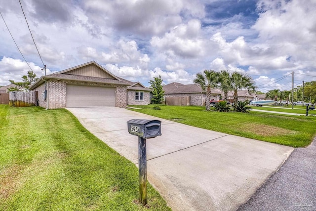 ranch-style house with concrete driveway, a garage, and brick siding