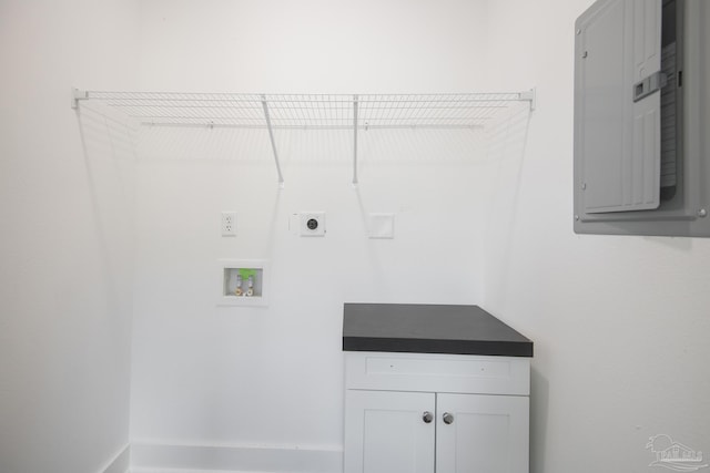 502 W Gregory St, Pensacola, FL 32502 - clothes washing area featuring electric panel, electric dryer hookup, hookup for a washing machine, and cabinet space