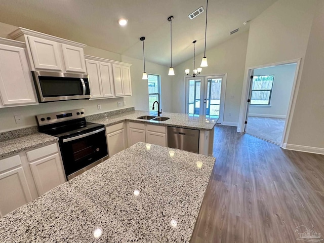 kitchen with plenty of natural light, dark hardwood / wood-style flooring, stainless steel appliances, and white cabinets