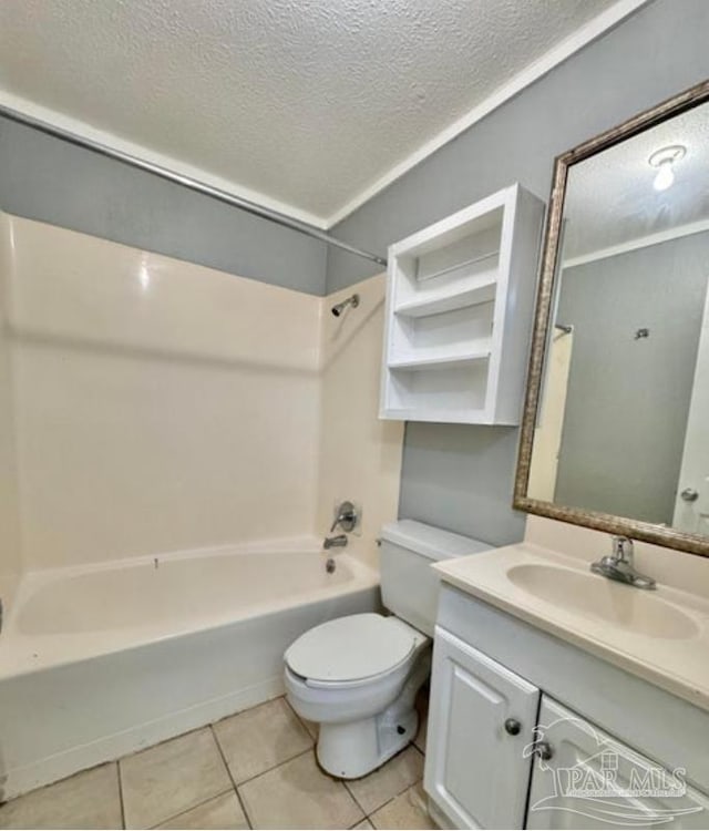 full bathroom featuring tile patterned flooring, toilet, shower / bathtub combination, vanity, and a textured ceiling