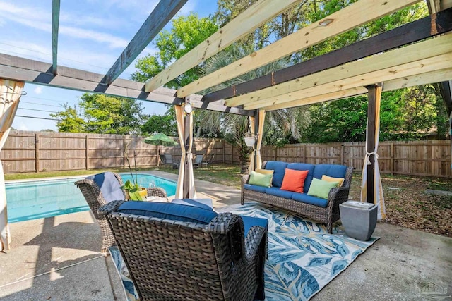 view of patio / terrace featuring a fenced backyard, a fenced in pool, an outdoor hangout area, and a pergola
