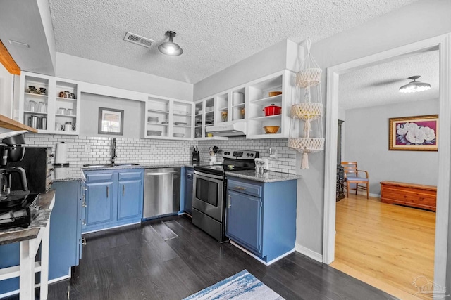 kitchen with blue cabinets, a sink, open shelves, and stainless steel appliances