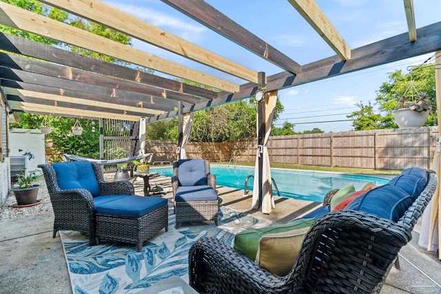 view of patio featuring a pergola, an outdoor living space, a fenced backyard, and a fenced in pool