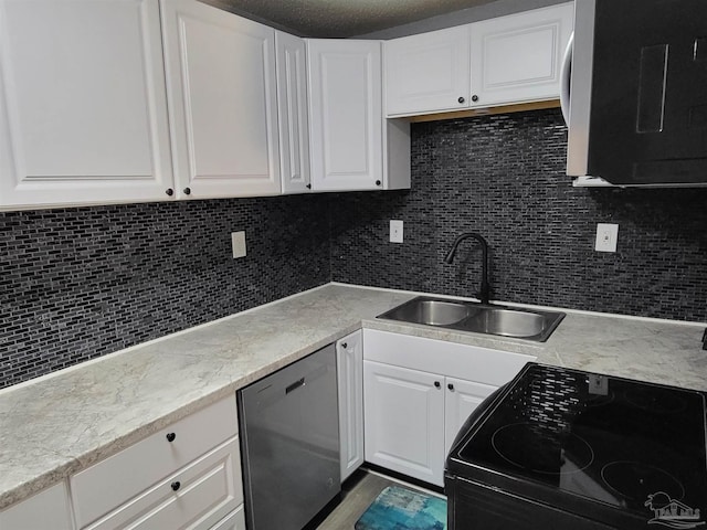 kitchen featuring decorative backsplash, white cabinets, sink, dishwasher, and black electric range oven