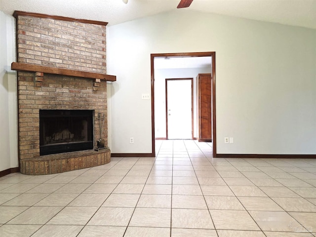 1900 W Kingsfield Rd, Cantonment, FL 32533 - unfurnished living room featuring light tile patterned floors, lofted ceiling, a fireplace, and a ceiling fan