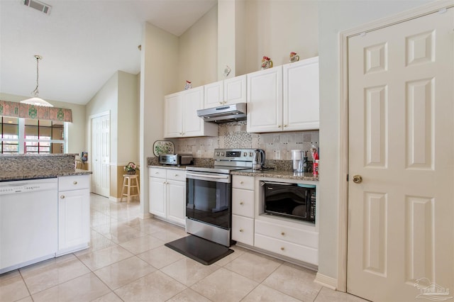 3017 Southsky Ln, Pensacola, FL 32506 - kitchen with stainless steel electric stove, dishwasher, under cabinet range hood, decorative backsplash, and white cabinetry