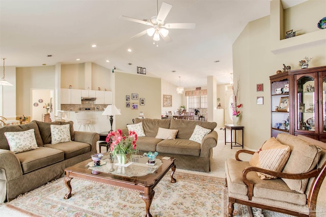 3017 Southsky Ln, Pensacola, FL 32506 - living room featuring high vaulted ceiling, a ceiling fan, and recessed lighting