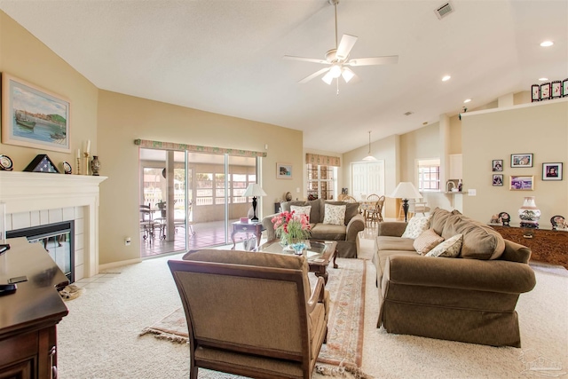 3017 Southsky Ln, Pensacola, FL 32506 - living area featuring ceiling fan, light carpet, a tile fireplace, recessed lighting, and high vaulted ceiling