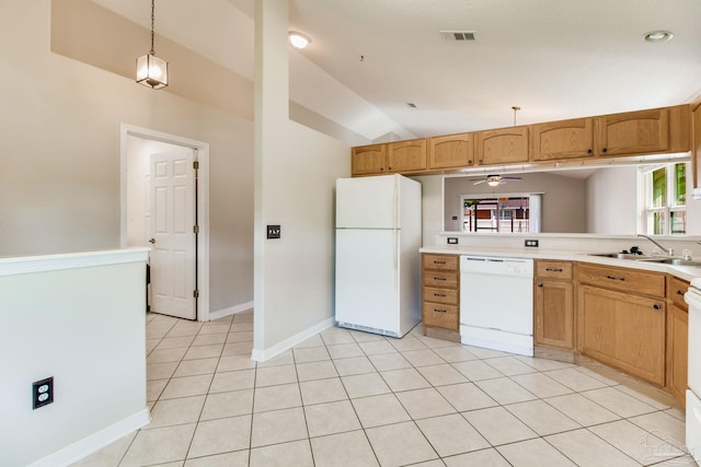 3881 Windsor Castle Blvd, Milton, FL 32583 - kitchen featuring white appliances, a sink, ceiling fan, vaulted ceiling, and healthy amount of natural light