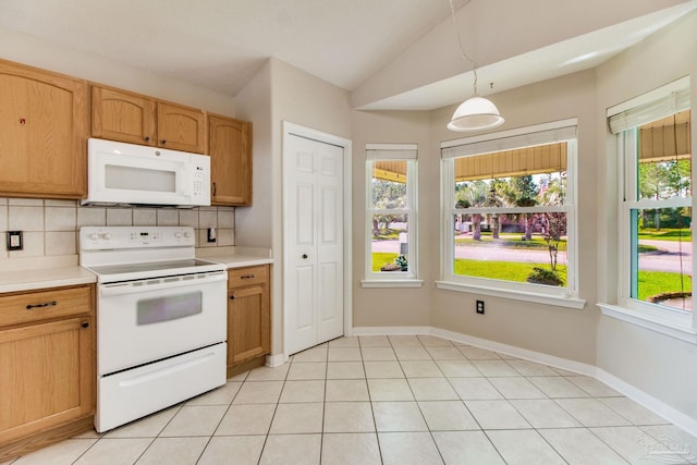 3881 Windsor Castle Blvd, Milton, FL 32583 - kitchen featuring white appliances, light countertops, backsplash, vaulted ceiling, and decorative light fixtures