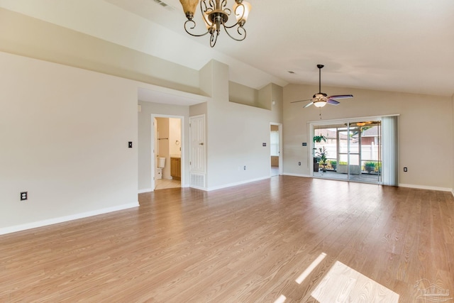 3881 Windsor Castle Blvd, Milton, FL 32583 - unfurnished living room with a chandelier, baseboards, light wood-type flooring, ceiling fan, and high vaulted ceiling