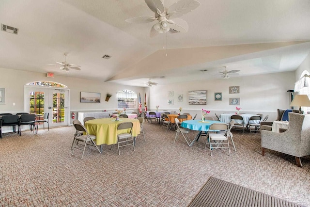 3881 Windsor Castle Blvd, Milton, FL 32583 - dining area with lofted ceiling, carpet flooring, a ceiling fan, and healthy amount of natural light