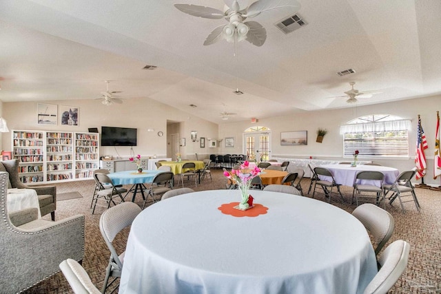 3881 Windsor Castle Blvd, Milton, FL 32583 - carpeted dining space featuring vaulted ceiling and ceiling fan
