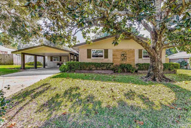 ranch-style home with a carport and a front yard