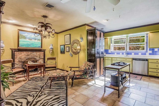 interior space with ceiling fan with notable chandelier and ornamental molding