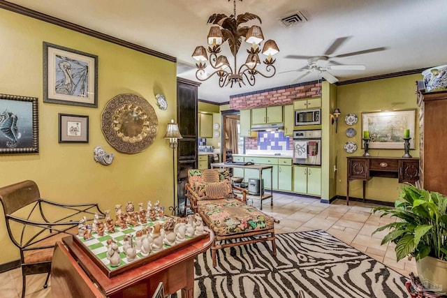 interior space featuring light tile patterned floors, ceiling fan with notable chandelier, and crown molding