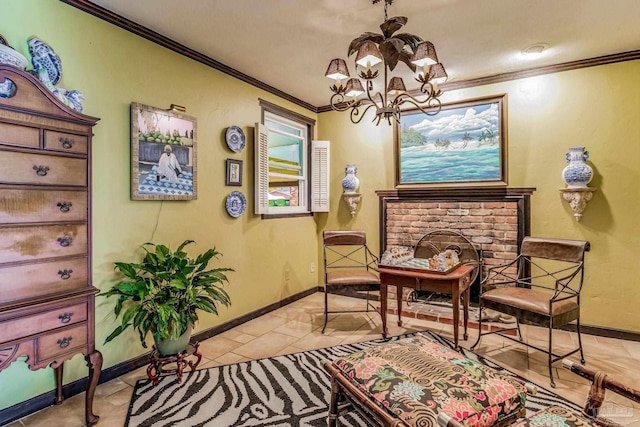 living area with a brick fireplace, light tile patterned flooring, crown molding, and a chandelier