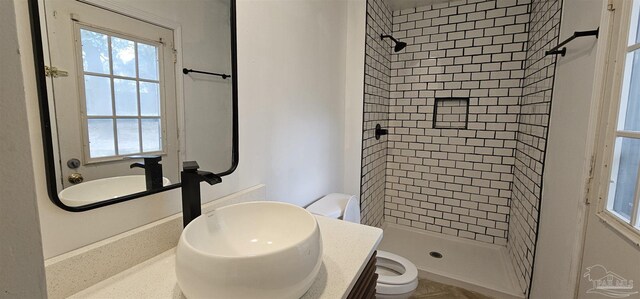 full bathroom with vanity, a shower stall, and toilet