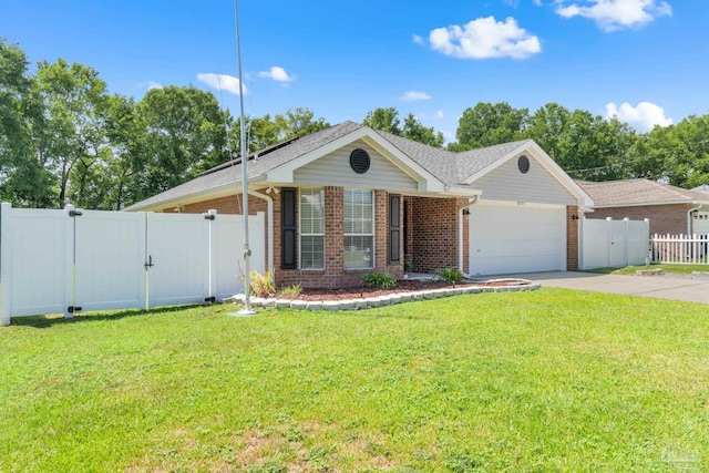 ranch-style house with a garage and a front lawn