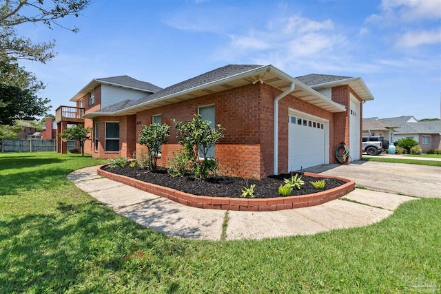 view of side of home featuring a garage and a yard