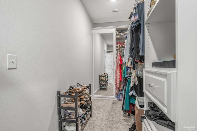 spacious closet featuring light colored carpet