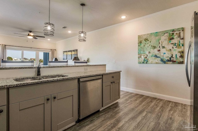 kitchen featuring light stone countertops, sink, dishwasher, gray cabinets, and dark wood-type flooring