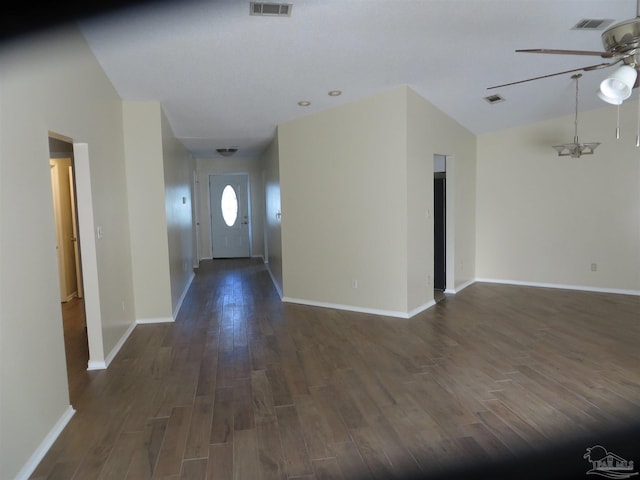 foyer with dark wood-style floors, baseboards, and a ceiling fan