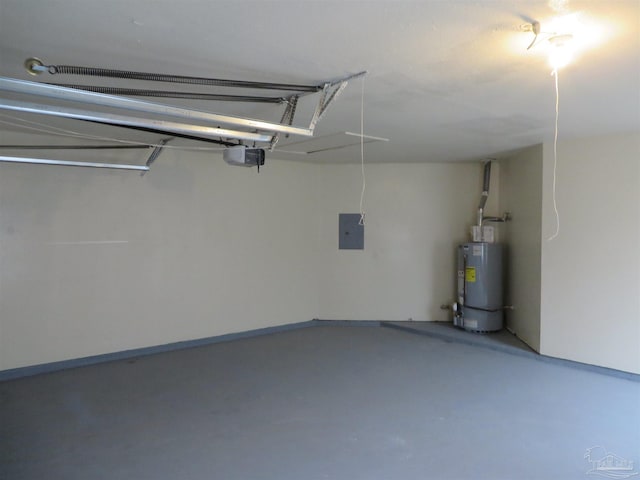garage with water heater, a garage door opener, and electric panel