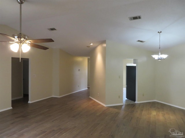 unfurnished room featuring visible vents, baseboards, a ceiling fan, and wood finished floors