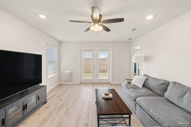 5252 Peach Dr, Pace, FL 32571 - living area featuring ceiling fan, baseboards, light wood-style floors, french doors, and recessed lighting