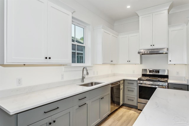 kitchen featuring under cabinet range hood, stainless steel appliances, a sink, light wood-type flooring, and light stone countertops