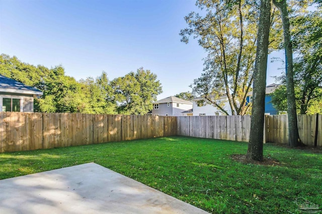 view of yard with a fenced backyard and a patio