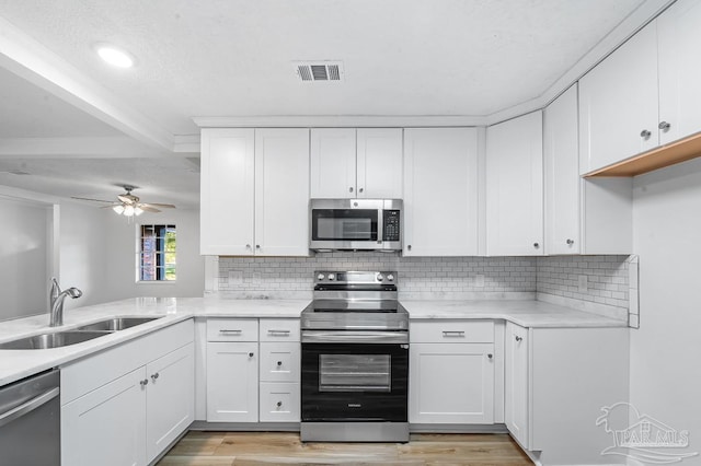 kitchen with ceiling fan, decorative backsplash, sink, white cabinets, and stainless steel appliances