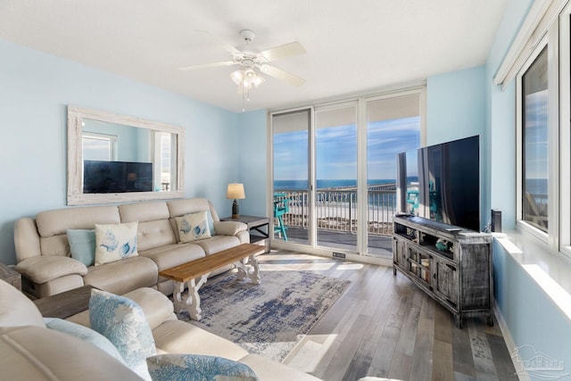 living room with hardwood / wood-style floors, a healthy amount of sunlight, and ceiling fan