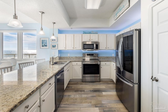 kitchen with sink, decorative light fixtures, stainless steel appliances, and white cabinets