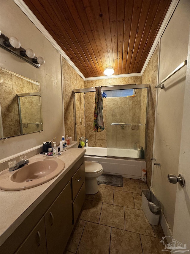 full bathroom with combined bath / shower with glass door, wood ceiling, ornamental molding, vanity, and tile patterned flooring