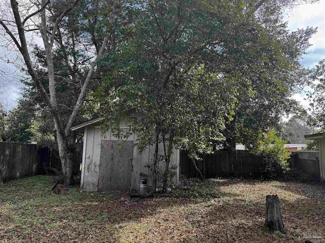 view of yard with a storage shed