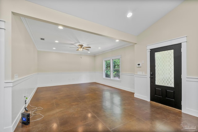 7515 Whiting Acres Ln, Milton, FL 32570 - entryway with ornamental molding, a ceiling fan, a wainscoted wall, and recessed lighting