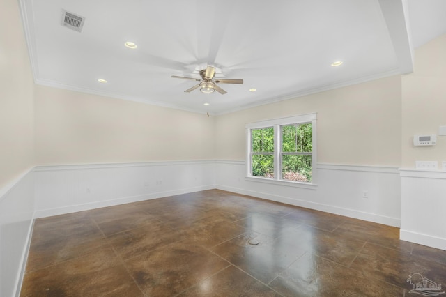 7515 Whiting Acres Ln, Milton, FL 32570 - empty room featuring a ceiling fan, wainscoting, crown molding, concrete floors, and recessed lighting